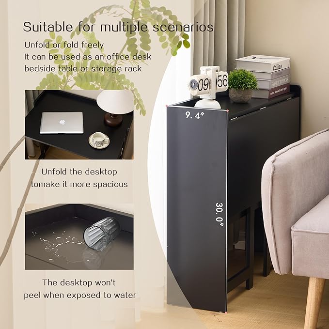 Folding Table with Storage Shelf,32.7 Inch Foldable Computer Desk for Small Spaces,Small Writing Desk for Bedroom Home Office Dorm and Apartment (Black)