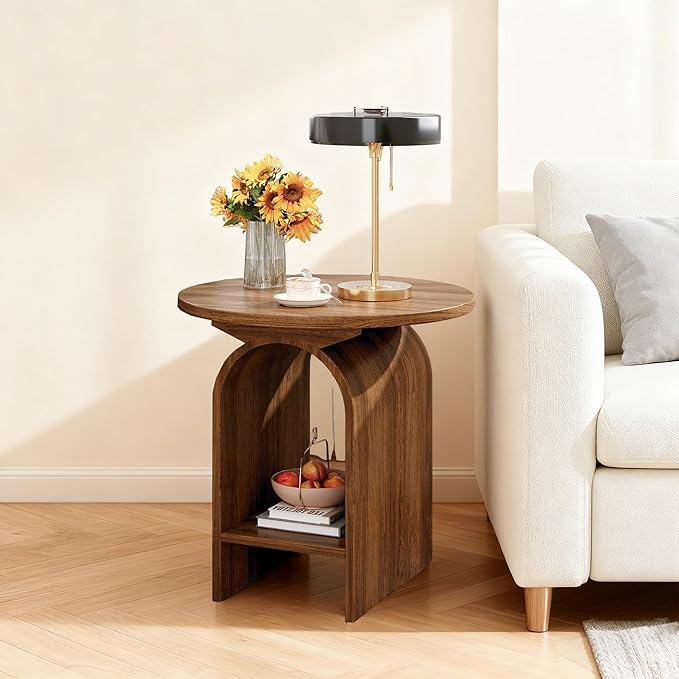 Modern Round Wooden Side Table Set of 2, Small Decorative Coffee Table Vintage Nightstand with Lower Open Shelf for Living Room, Bedroom Or Small Space, Walnut X2