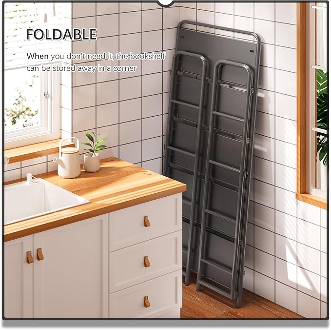 4NM No Assembly Folding Bookshelf, 5 Tiers Collapsible Book Shelves Open Industrial Foldable Storage Bookcase Shelf for Bedroom, Living Room, Home Office - All Black