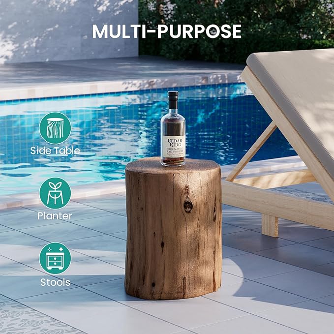 SUNBURY Outdoor Stump Side Table, Faux Wooden Concrete Side Table, Tree Stump Wooden Stool, Patio End Table, Round Outdoor Accent Drum Table, Light Brown Ottoman or Plant Stand