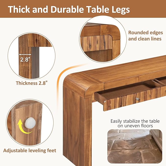 kevinplus 54.3'' Rustic Wood Console Table Sofa Table with Fluted Drawer Storage for Entryway, Modern Elegant Design & Curved Edge, Easy Assemble, Brown