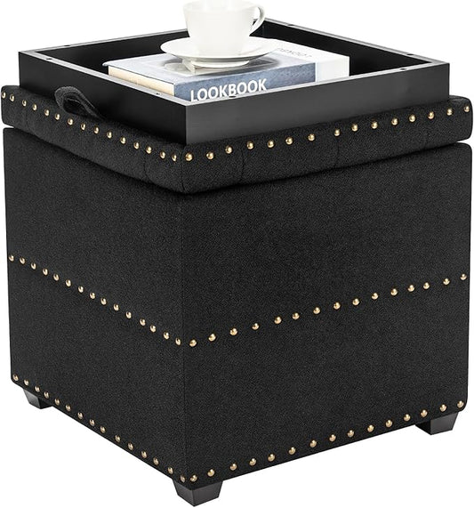 Adeco 18" Black Square Storage Ottoman with Tray, Small Cube Ottoman Coffee Table with Decorative Fashion Paris Nails, Dorm Room, Bedroom, or Living Room