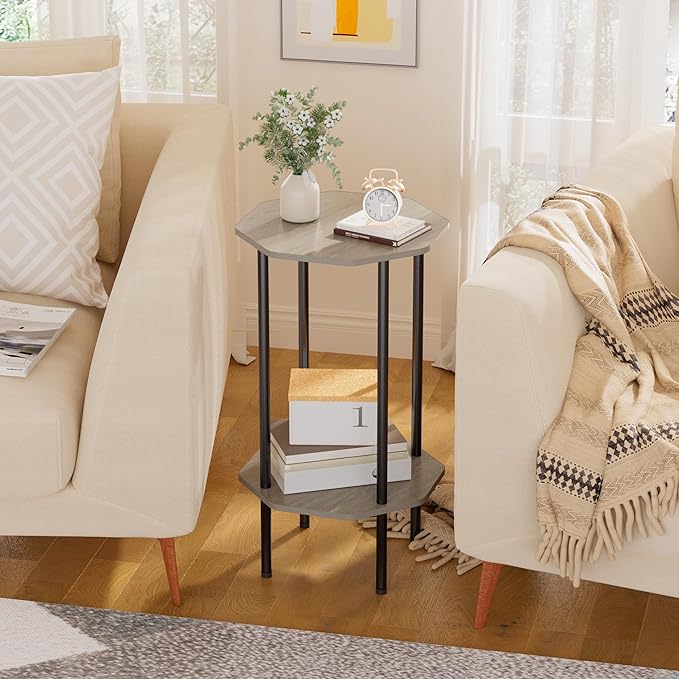 Side Table, Octagonal End Table for Small Spaces, Nightstand with 2 Storage Shelves, Small Table Stand for Bedroom, Living Room, Outdoor Balcony(Gray)
