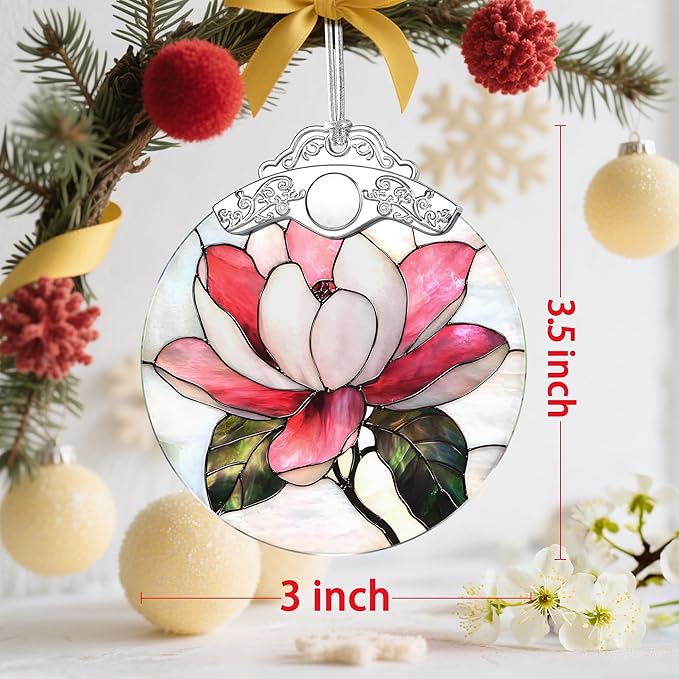 Stained Glass Magnolia Flower Christmas Ornament: Christmas Tree Ornaments & Decor, Holiday Decor – Holiday Presents, Gift Exchange Ideas & Elegant Keepsake for Family, Coworkers & Friends