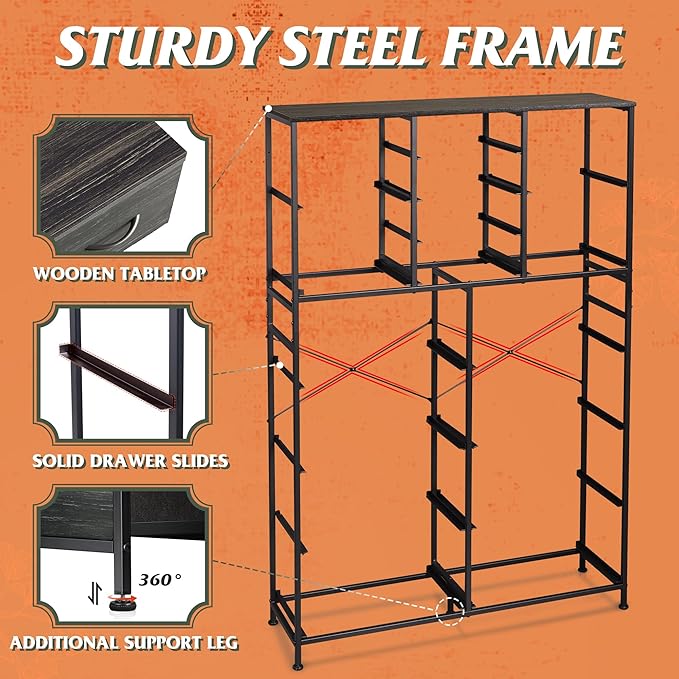 Tall Console Table with 16 Fabric Drawers, Entryway Table with Storage, Large Storage Organizer with Wood Top, Steel Frame for Living Room, Hallway, Office, Charcoal Black Wood Grain Print