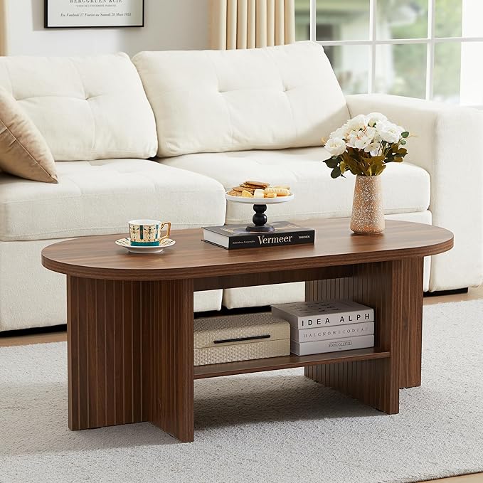 43.3” Coffee Table with Storage, Oval Coffee Tables for Living Room, Farmhouse Fluted Coffee Table with Large Storage Shelf, Wood Center Table for Small Space, Walnut