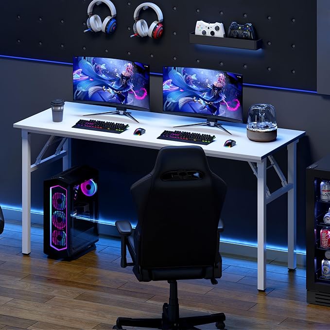 Need Home Office Desk Large Computer Desk 60 inch Sturdy Table Foldable Desk Gaming Computer Table No Assembly Required, White&White Frame AC5DW(152.4 * 60)