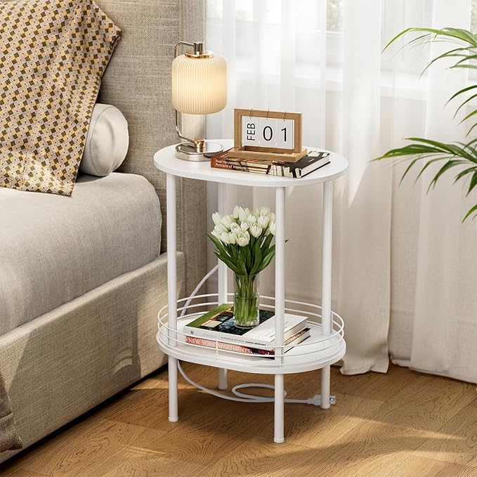 Small Round Side Table with Charging Station,Bedside Table with 2 USB Ports and Outlets, Morden Round Nightstand, Samll Side Table for Living Room,Bedroom, Nursery, Laundry, White