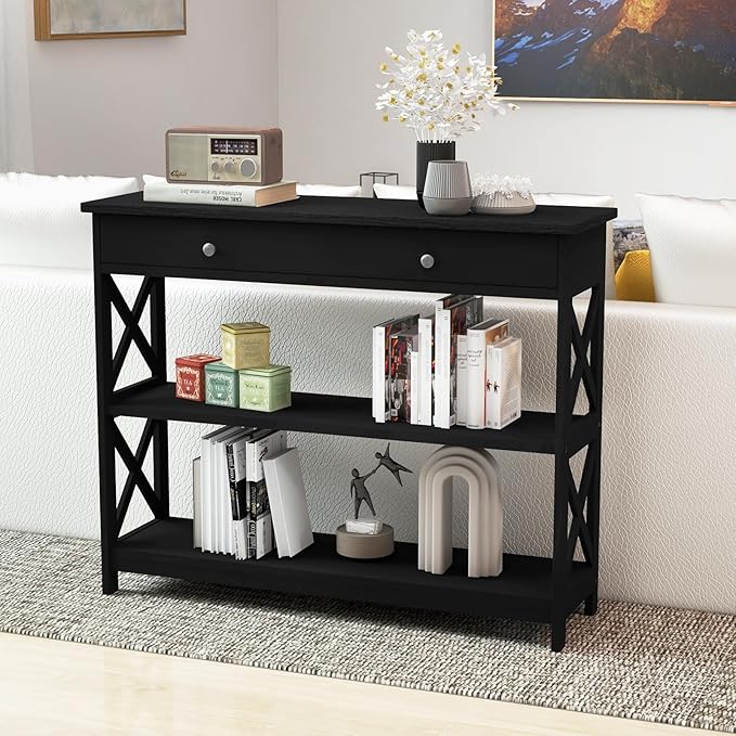 GOFLAME 39" Console Sofa Table with Drawers, 3-Tier Narrow Entry Table with Storage Shelves for Living Room Behind Couch, Entryway, Hallway (Black)