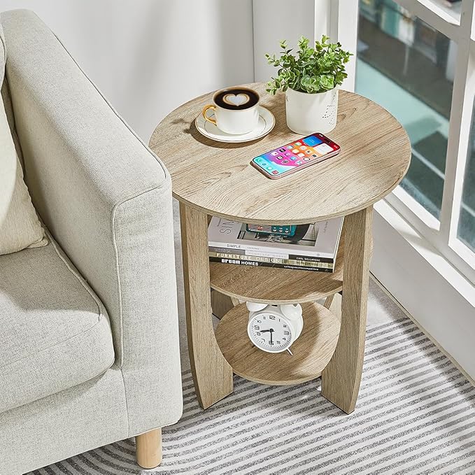 Round End Table with Storage Shelf,3 Tier Modern Side Table, Sofa Recliner Side Table,Accent Coffee Table,Nightstand for Living Room Bedroom for Small Spaces,19.7" D x 21.7" H