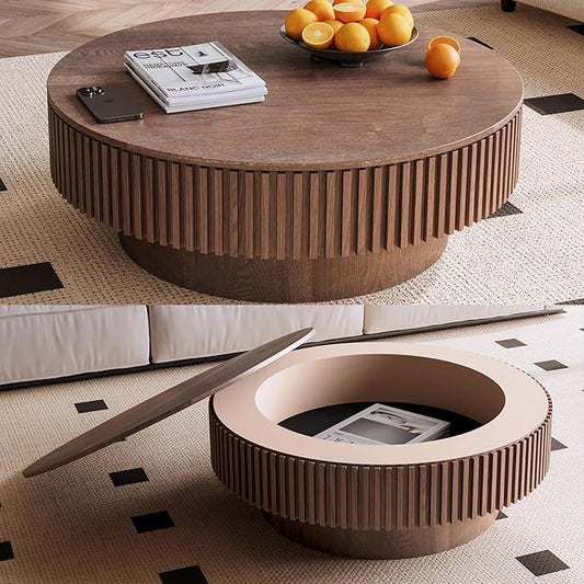 39.37 Inch Round Drum Coffee Table with Storage, Handcraft Fluted Drum Coffee Table, Modern Wooden Round Coffee Table Center Table with Sturdy Pedestal for Living Room Apartment(Walnut)