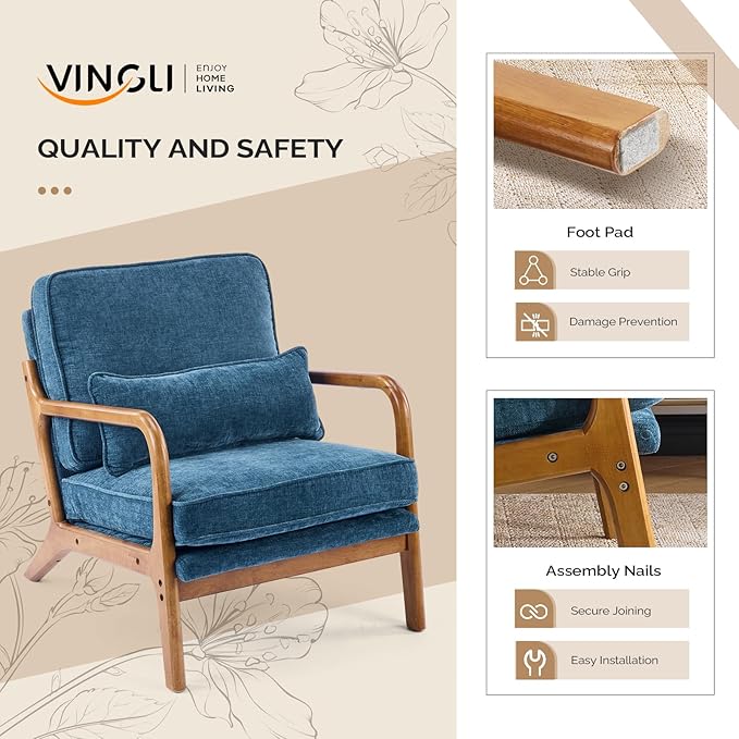 VINGLI Chenille Mid-Century Modern Accent Chair, Cute Reading Arm Chair with Cushion & Lumbar Pillow & Solid Wood Frame for Lounge, Living Room, Reading Room, Bedroom, Blue