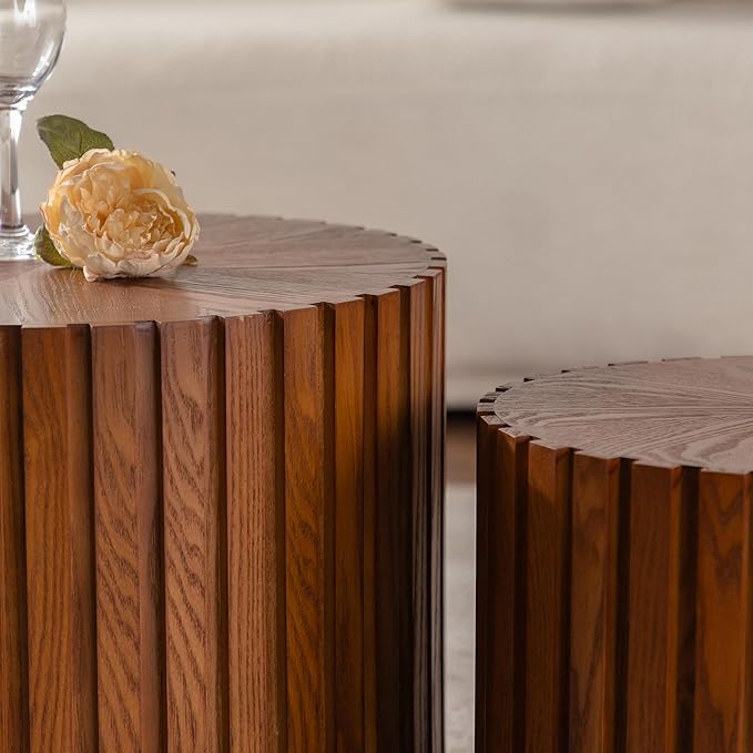 Nesting Coffee Table Set of 2, Modern Round Wooden Circle Accent Coffee Tables for Small Spaces Living Room Bedroom Balcony Office Drum Side Table
