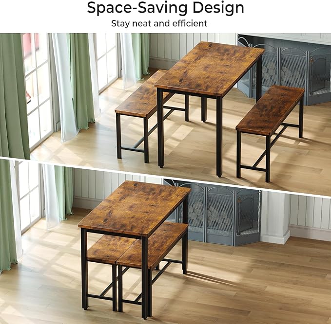 Tatub Dining Table Set for 4, 3-Piece Kitchen Table with 2 Benches, Space-Saving Dining Room Set for Breakfast Nook and Small Spaces, Brown