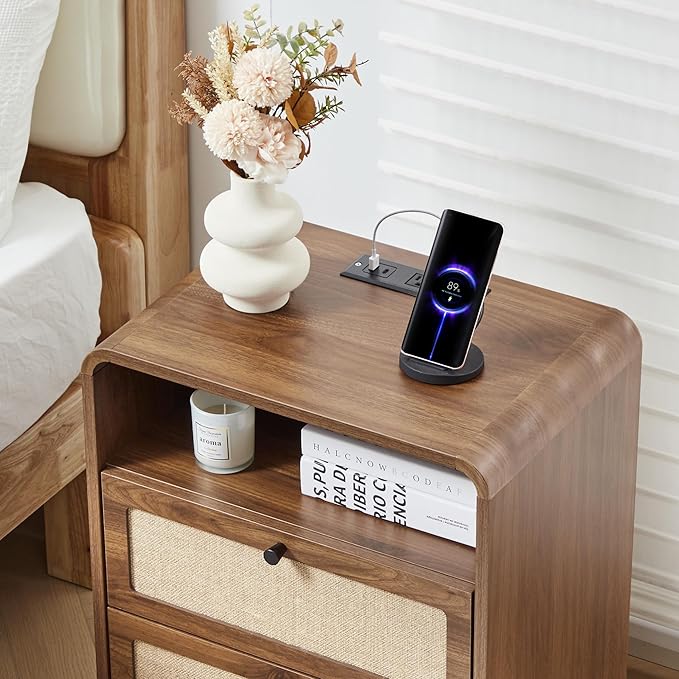 Modern Night Stand with Charging Station and 2 Drawers, Wooden Side Table Curved Nightstands with USB/Type-C Ports, Large Mid Century End Table for Living Room, Bedroom, Nature Linen, Walnut