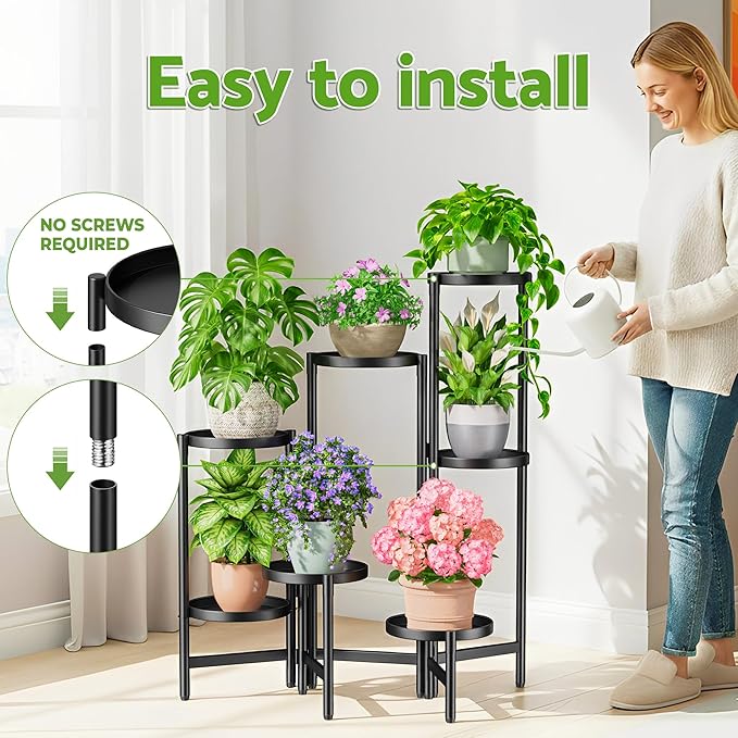 7 Tiered Metal Corner Plant Stand Indoor Outdoor, Tall Large Folding Rack with Rust Proof 10 Inch Wide Tray, Heavy Duty Flower Shelf for Multiple Plants for Patio - BlackDisk