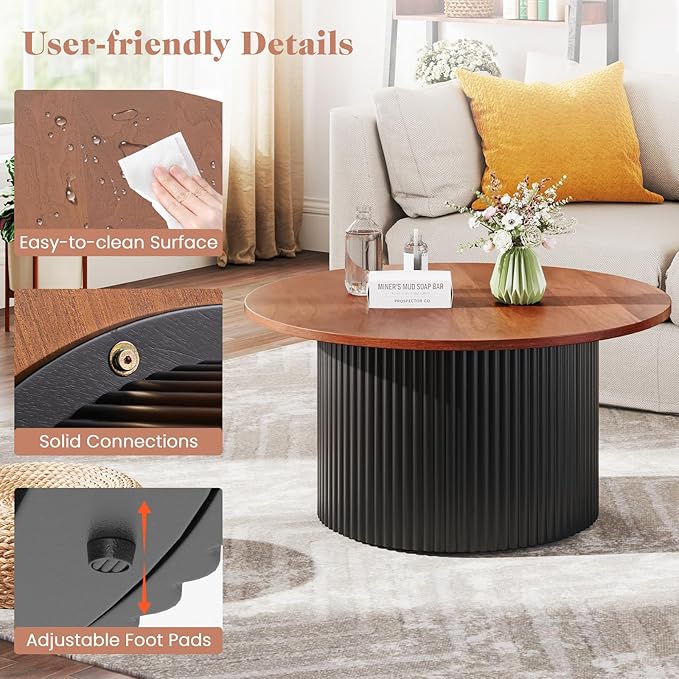 Giantex Round Coffee Table, 32" Wooden Accent Cocktail Tea Table with Solid Wood Veneered & Fluted Design, Mid Century Modern Center Table for Living Room, Black & Walnut