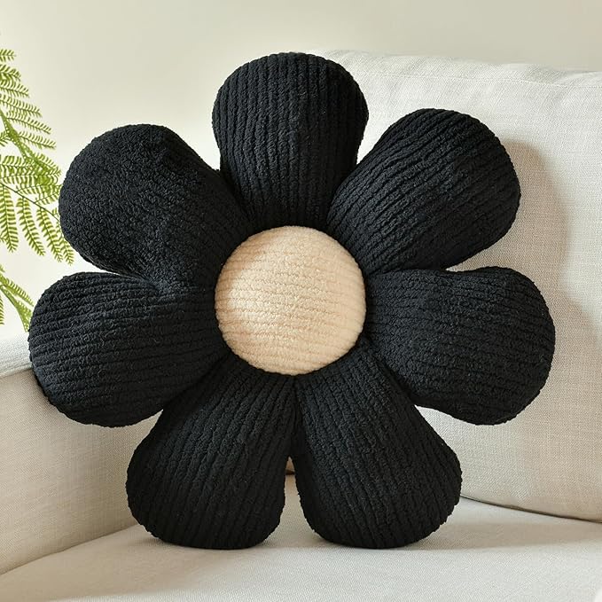 Xuyier Flower Shaped Throw Pillow,Soft Daisy Pillow with Decorative Pillows for Bed Couch Chair Floor, Flower Plush Pillows for Living Room Bed Room Seat Cushion(19.6" Black)