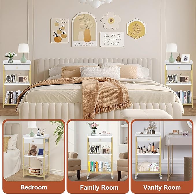 Small Side Table with Storage Basket, Narrow End Table with Drawer, 4-Tier Bathroom Storage Shelves with Optional Wheels, Tall Nightstand for Dorm, Living Room, Bedroom, Gold & White