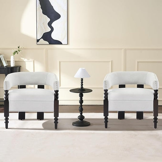 LOULENS Barrel Accent Chairs Set of 2, Vintage Linen Upholstered Lounge Chair with Solid Wood Legs, Comfy Leisure Side Armchair for Living Room, Bedroom, Reading Nook, Corner, Light Grey