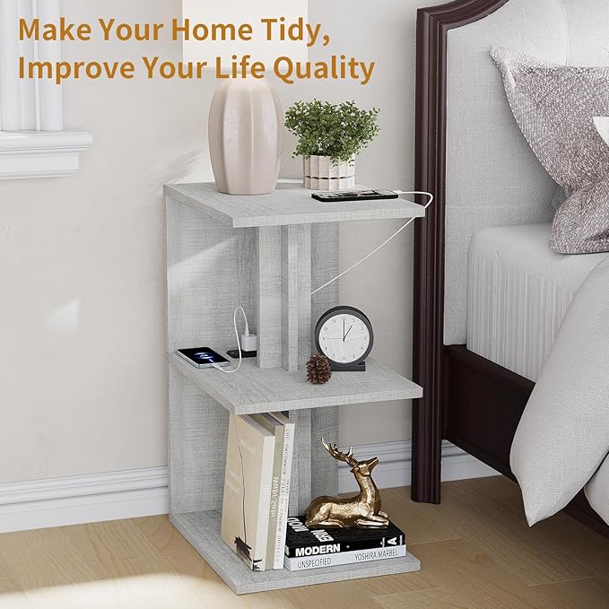2 Packs Night Stand with Charging Station, Small Side Table for Couch, USB Ports and Outlet, End Table with 3-Layer Storage Shelves for Small Spaces, Living Room, Bedroom, Bedside (Gray)