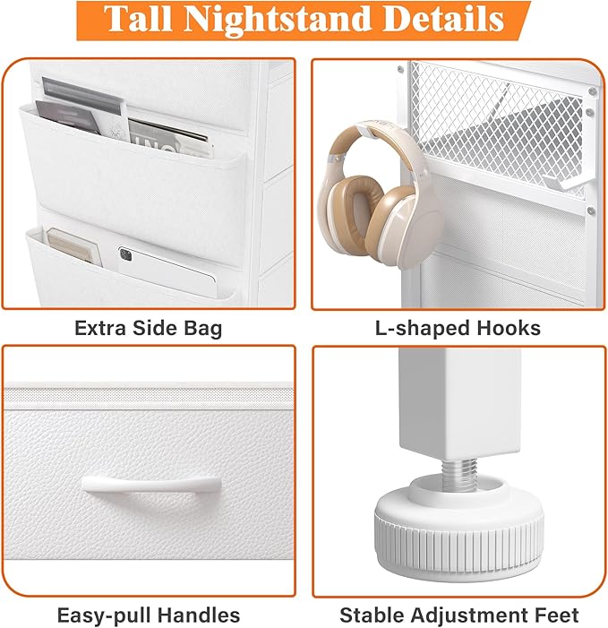 EnHomee Tall Night Stand Set 2 with 5 Drawers, LED Nightstand with Ports & Outlets, White Dresser with Extra Side Bag & Storage Shelf & Hooks, Bedroom, Dorm, Closet