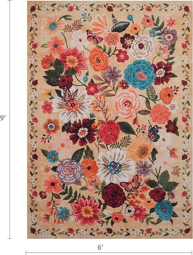 Floral Washable 6x9 Area Rugs, Soft Bedroom Rug for Living Room Ultra-Thin Non Slip Dining Room Rug, Stain Resistant Rugs Easy Clean Throw Carpet for Office(6 x 9, Yellow Garden)