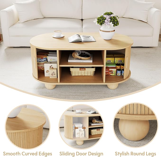 Rectangle Coffee Table, Fluted Coffee Tables for Living Room, Mid-Century Coffee Table Center Table with Storage & Sliding Doors for Apartment, Home Office (Natural)
