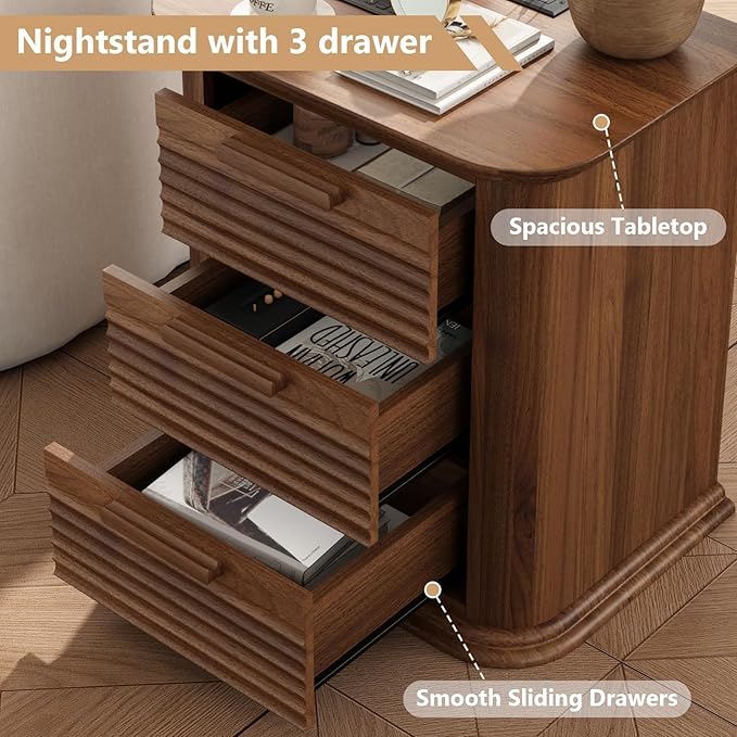 22'' Fluted Nightstand with Charging Station, Modern End Table with 3 Drawers and Storage, Wood Night Stand with Round Corner, Side Table Dresser for Bedroom, Living Room, Curved Profile,Walnut