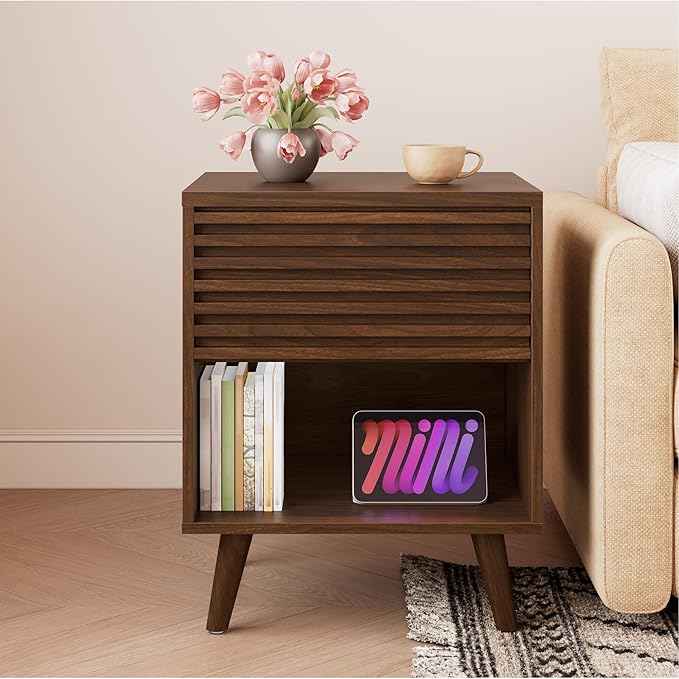Alohappy Mid Century Modern Nightstand, Fluted Night Stand, Wood Bedside Table with Drawer and Cube Storage for Bedroom, Side Accent End Table with Solid Wood Leg for Living Room, Brown, 1pc