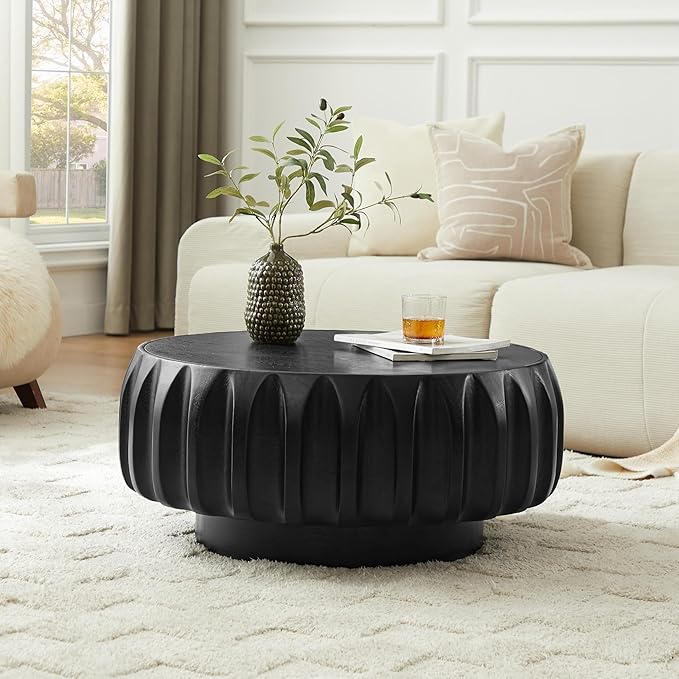 WILLIAMSPACE 31.5" Round Coffee Table with Elegant Sculptural Design, Solid Wood Carved Center Drum Coffee Table Circle End Side Table with Sturdy Base, Black