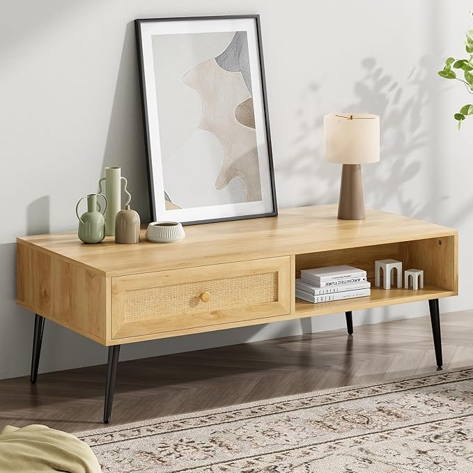 Farini Mid-Century Modern Coffee Table, 47 Inch Rectangle Console Table with Drawer & Shelf, Wooden Coffee Table for Living Room, Office, Nature