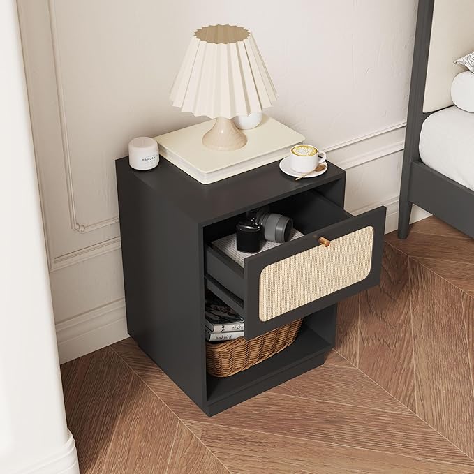 16" Nightstands Set of 2, Modern Retro Wooden Night Stands, Bed Side Table with Drawer and Open Shelf, End Table for Small Space, Linen Decor Boho Side Table for Bedroom,Dorm, Living Room (Black)