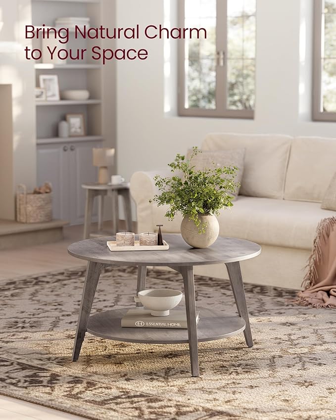 VASAGLE MAEZO Collection - Round Coffee Table, 2-Tier Center Table with Storage, Tapered Legs, Curved Transitions, 31.5 Dia. x 17.7 H Inches, Easy Assembly, for Living Room, Heather Greige ULCT243K02