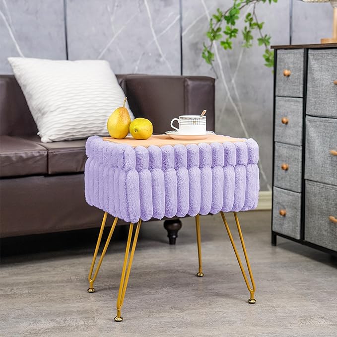 Faux Fur Vanity Stool Chair with Storage Ottoman, Vanity Chair for Makeup Room, Vanity Stools for Bedroom, Footrest with Metal Legs and as a Coffee Table, Purple