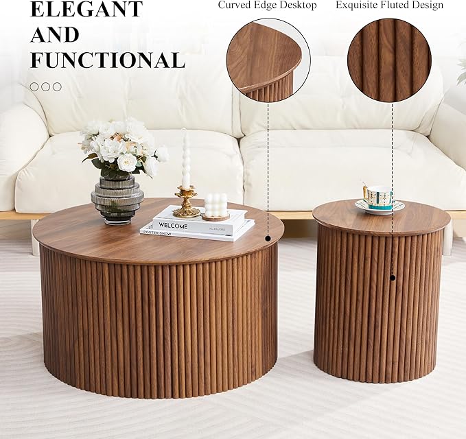 Fluted Round Nesting Coffee Table Set of 2, Mid Century Modern Wood Coffee Table and End Table Set, Minimalist Center Tables Circle Side Table for Living Room, Office(Walnut)