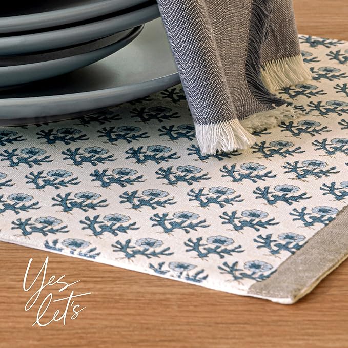 Over&Back Set of 4 Hand-Blocked Placemats - Colorful Dining Table Mat - Each Placemat is Unique - 100% Cotton - Machine Washable - Kitchen and Home Decor - Blue Blossom