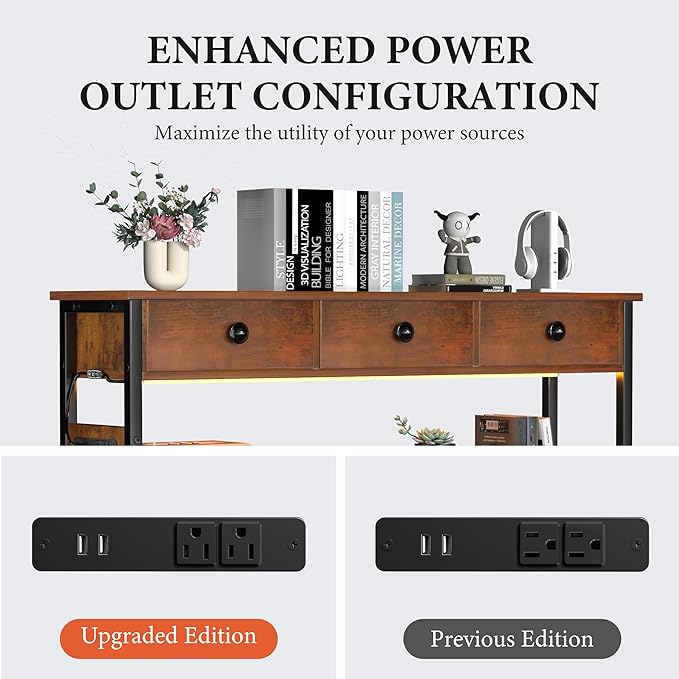 47" Narrow Console/Entryway Table with Storage & 3 Drawers & Outlets, for Sofa & Living Room, Hallway/Foyer/Couch/TV/ Aquarium Stand Table for Entryway with USB Ports, LED Light Strip,Perfect for Home