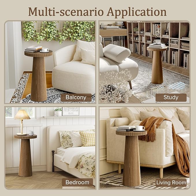 Small Side Table, Wood End Table with Fluted Pedestal Base, Round Drink Table for Small Spaces, Modern Accent Table for Living Room, Bedroom or Sofa Side(1, Walnut)