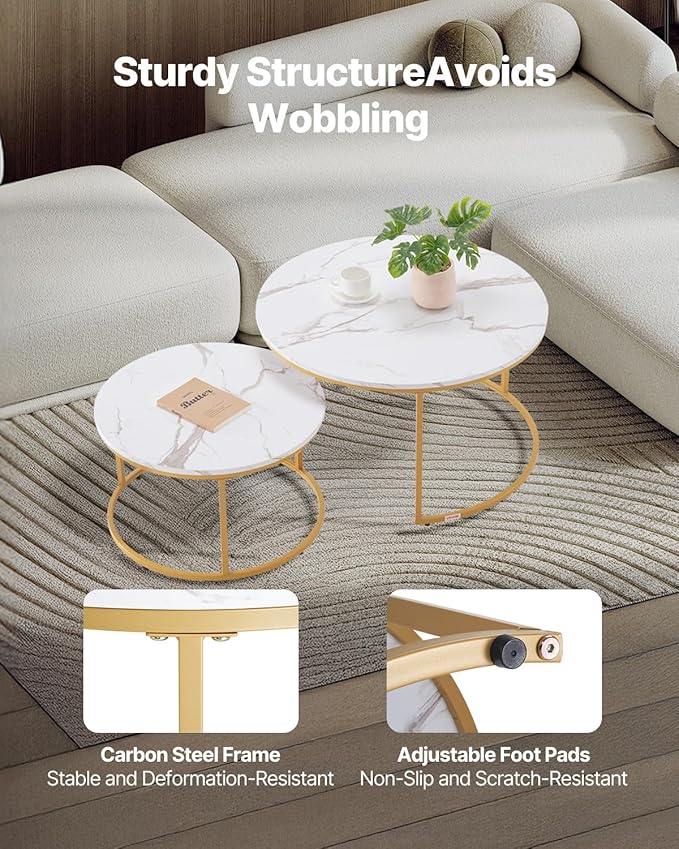 VEVOR Nesting Tables, Coffee Table Set of 2, 31.5 inch Round Coffee Table, Small Coffee Tables Night Stand with Metal Frame, for Living Room, Bedroom, Office (White & Gold)