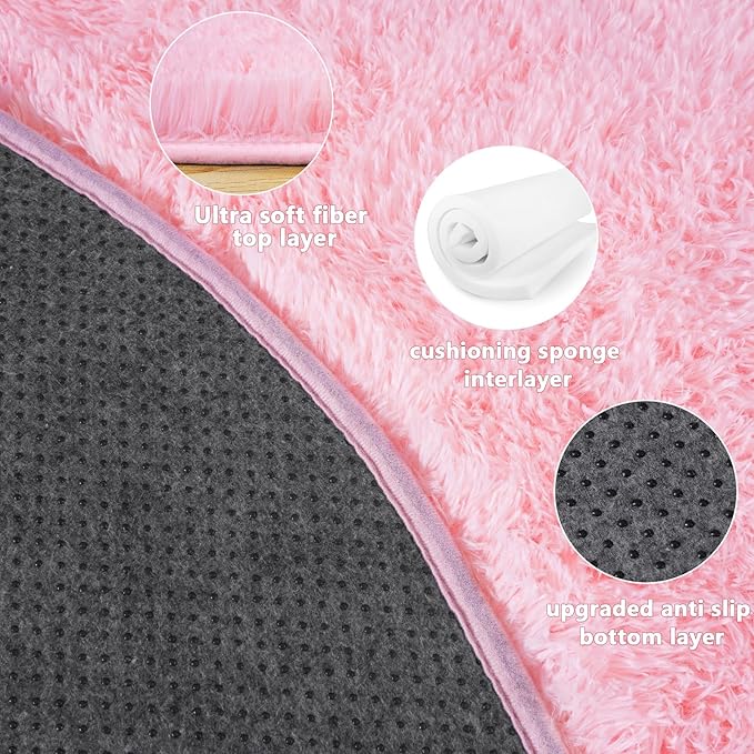 4'x4' Round Pink Rugs for Girls Bedroom, Ultra Soft Fluffy Circle Rug for Kids Room, Cute Shag Rugs for Living Room Playroom Tent Castle Home Decor Rug