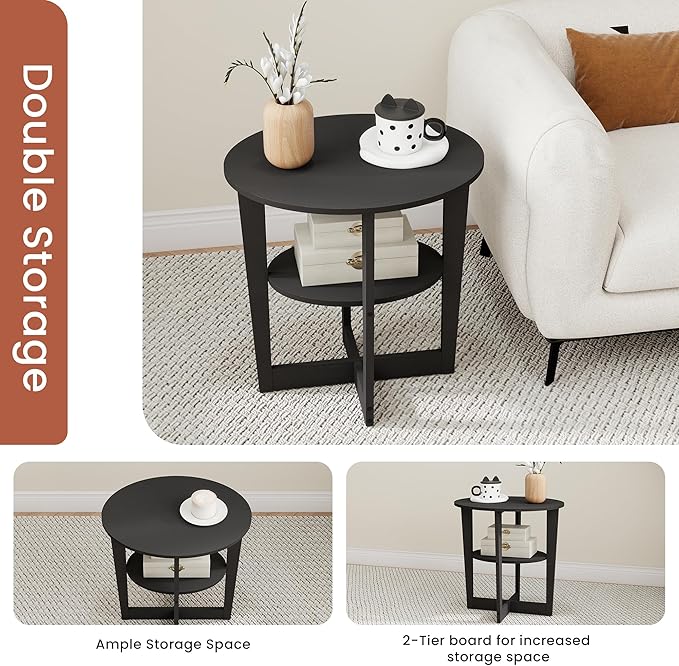 Living Room End Table, Small Side Table with 2-Tier Open Storage for Small Spaces, Apartment Home Office, Black