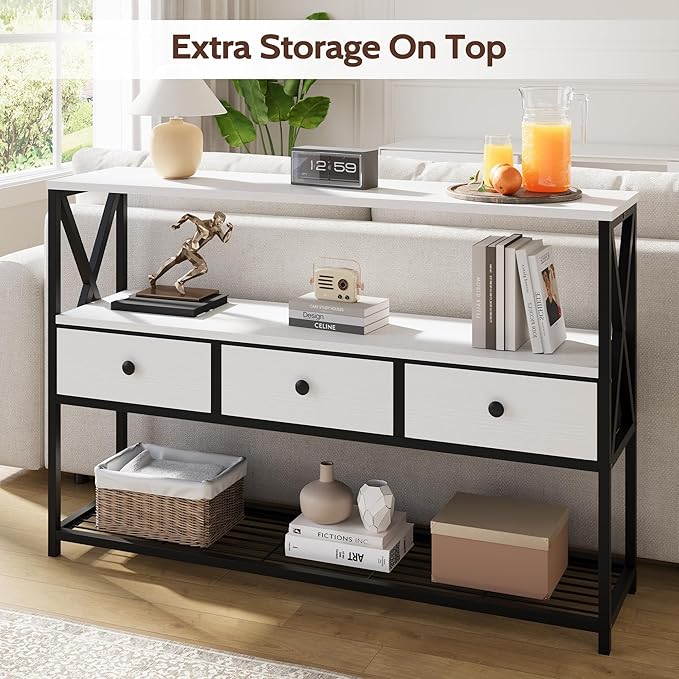 47'' Farmhouse Console Table with 3 Drawers and Open Shelf, Sofa Table Behind Couch with 3-Layer Storage, Rustic Entryway Table for Living Room, Hallway, Foyer, Kitchen, White