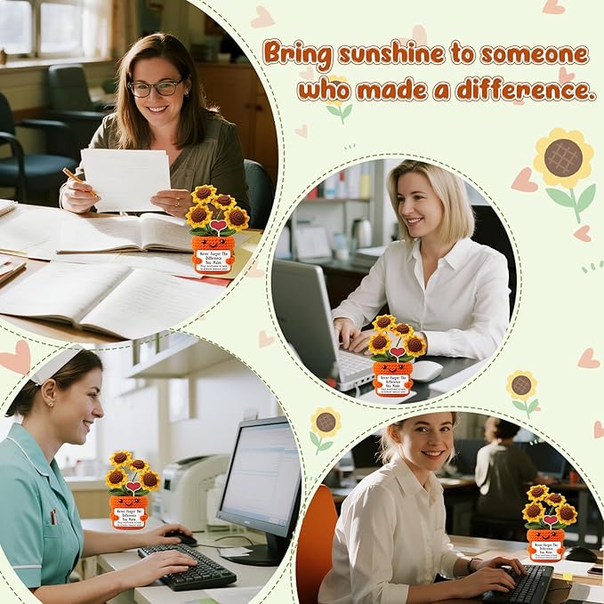Mini Thank You Gifts for Women Handmade Crochet Sunflower Appreciation Gift for Teacher,Nurse,Coworker,Friends,Mentors,Volunteers–Retirement,Farewell,Encouragement, Christmas, Birthday Present