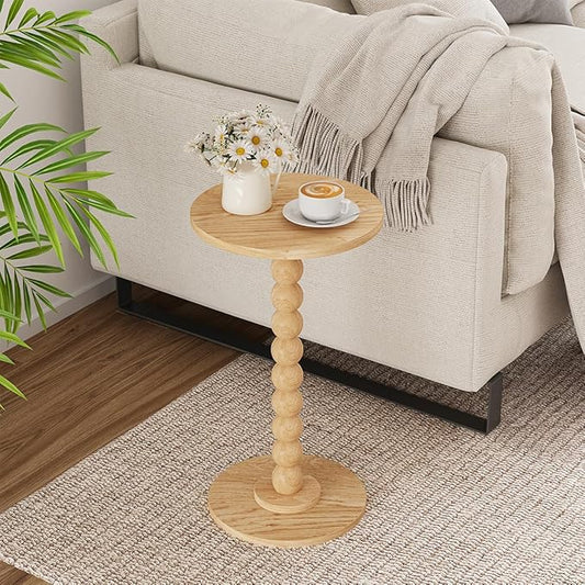 Round Side Table, Small Drink Table for Small Spaces, Pedestal End Table for Living Room, Modern Accent Nightstand with Solid Wood Leg for Bedroom, Corners and Office Natural Color UTBT005M