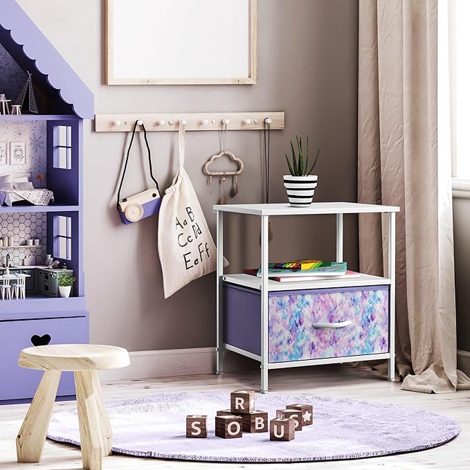 Sorbus 1 Drawer Shelf Storage Nightstand - Kids Bedside Furniture End Table Night Stand with Steel Frame Wood Top & Easy Pull Fabric Bins. Dresser & Chest for Home Bedroom Accessories Office & College
