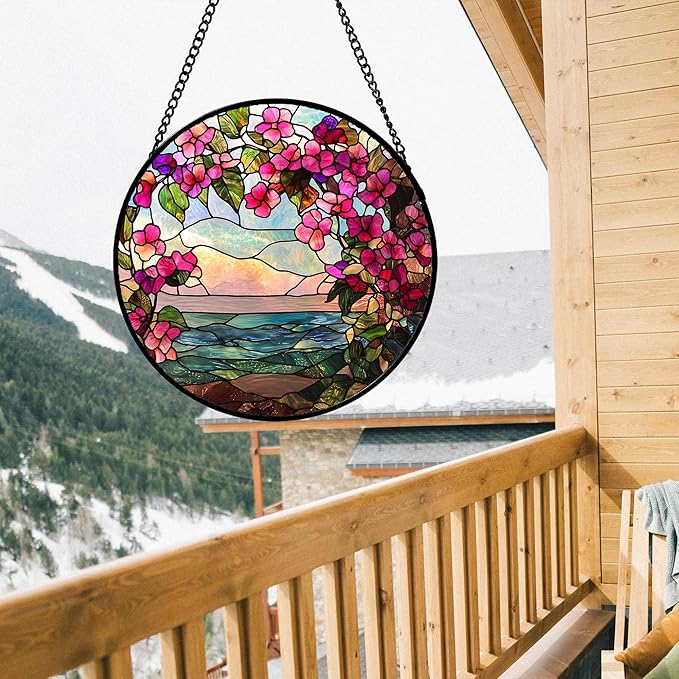 Stained Glass Window Hanging, Purple Flower Landscape Wreath Sun Catcher for Door Home Decor Plants Suncatcher Christmas Mother's Day Birthday Gifts for Women Men Mom Nana 9.8 in