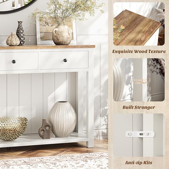 Homieasy Farmhouse Console Table with 3 Drawers, 47 Inch Wood Sofa Table with Storage Shelf for Living Room, Behind Couch, Entryway Table for Hallway, Living Room, or Foyer, Rustic Brown and White