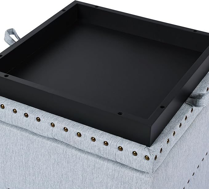 Adeco 18" Light Blue Square Storage Ottoman with Tray, Modern Cube Ottoman Coffee Table for Dorm, Upholstered Cube Footstools Coffee Table for Living Room