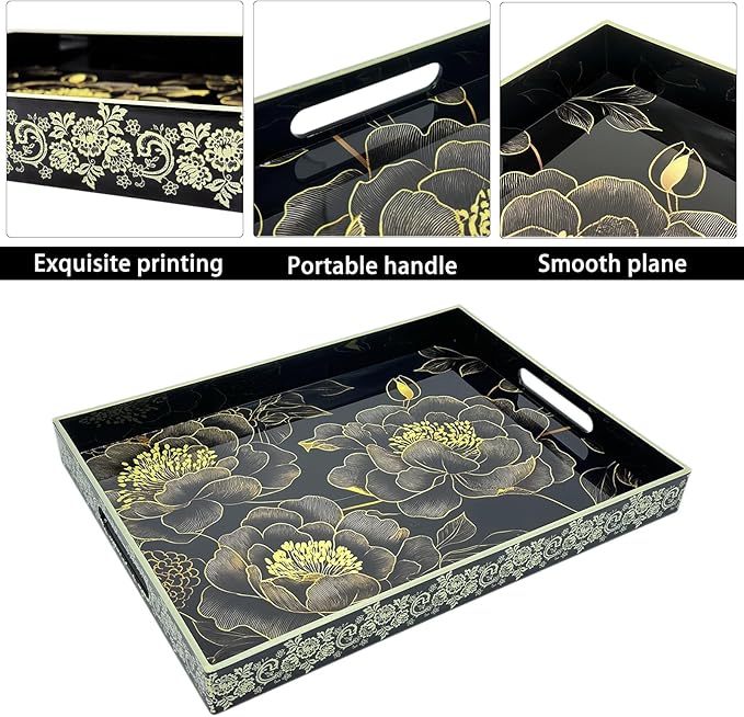 Serving Tray with Handles, 15.7 * 11.8 inches, Plastic Ottoman Tray with Exquisite Paintings, Trays for Coffee Table
